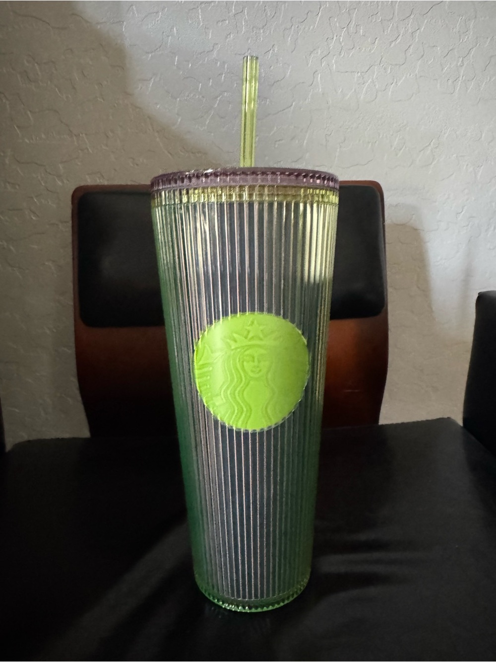 Starbucks Lime Green and Purple Ribbed Plastic Tumbler with Straw